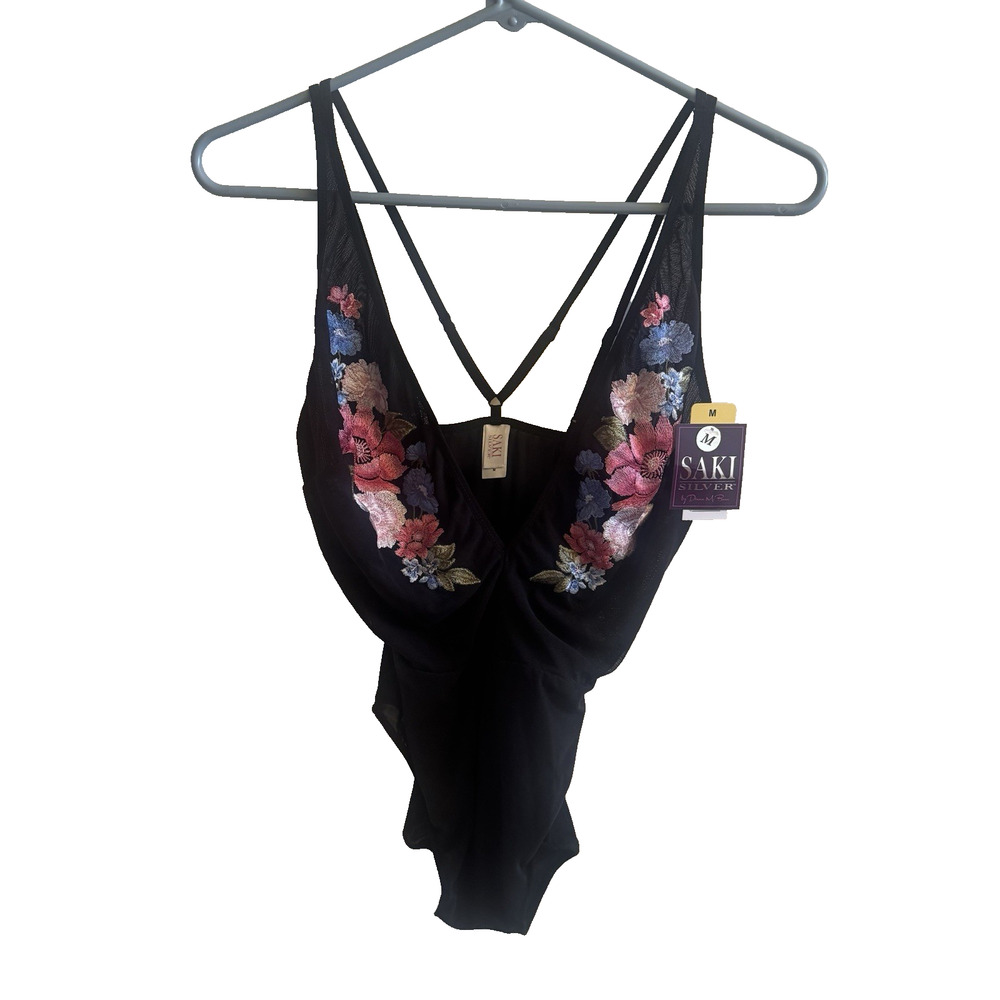 NEW Saki Silver Diana M Bara Mesh Bodysuit Sheer Embroidery Floral Womens Medium